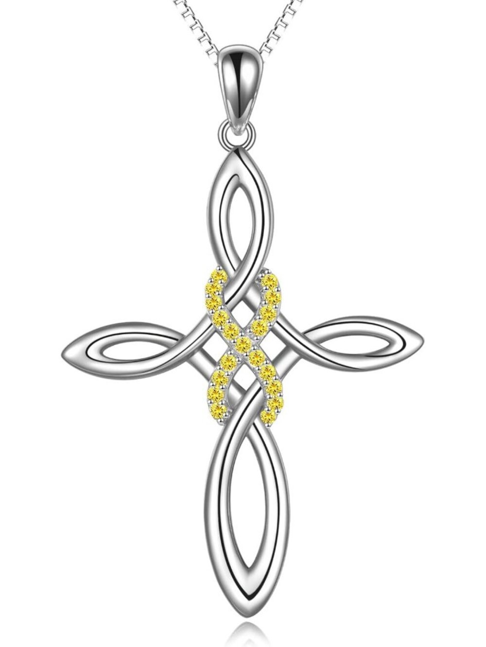 Women's Yellow Celtic Knot Cross Sterling Birthstone Polished Infinity Necklace